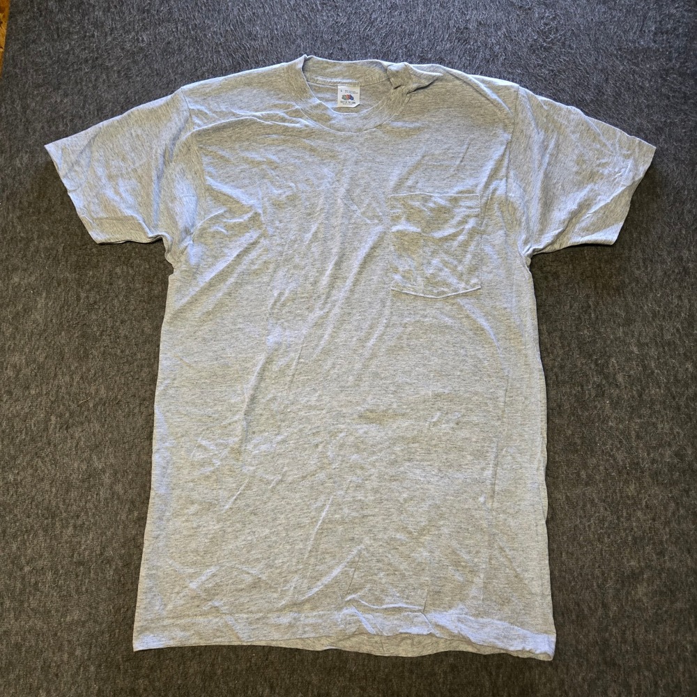 Fruit of the Loom Vintage 90s Pocket T Shirt Mens L Gray USA Made Single Stitch